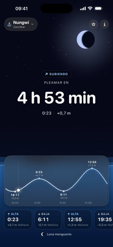 MareAhora en Nungwi, Zanzíbar, de noche, con la luna y las estrellas